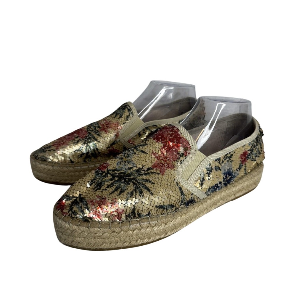 Toni Pons Shoes Womens SZ 10 Gold Floral flip Sequin Espadrille Platform Slip On